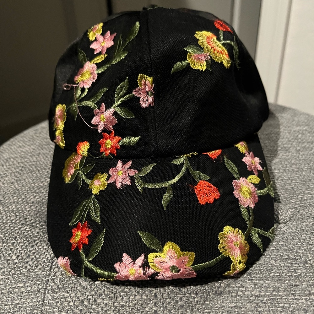 Floral Embroidered Black satin Cap